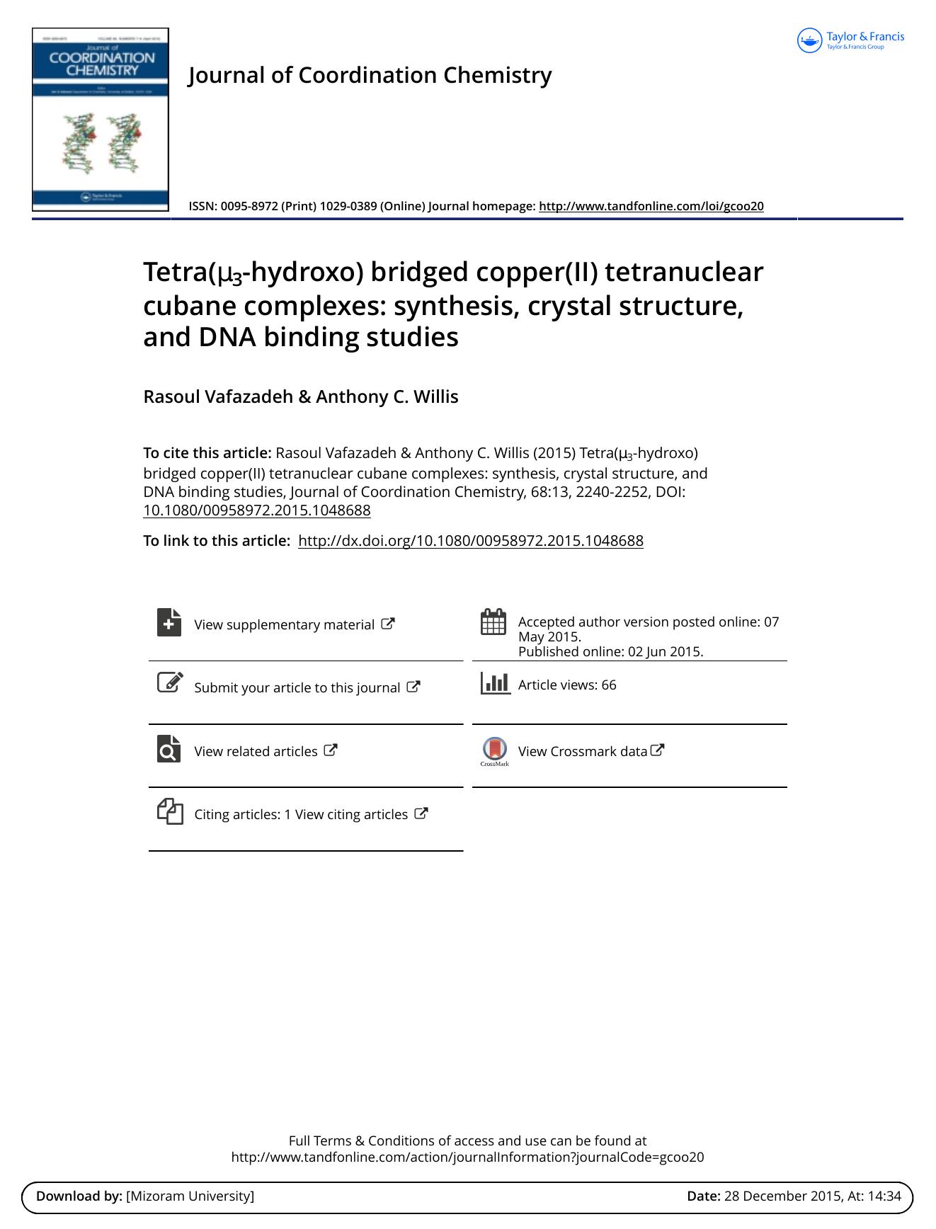 Tetra(Î¼3-hydroxo) bridged copper(II) tetranuclear cubane complexes: synthesis, crystal structure, and DNA binding studies by Rasoul Vafazadeh