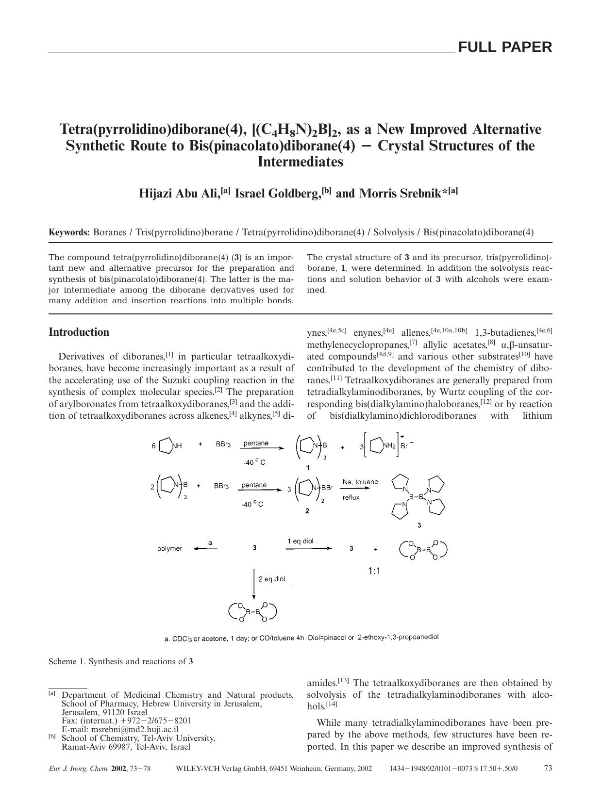 Tetra(pyrrolidino)diborane(4), [(C4H8N)2B]2, as a New Improved Alternative Synthetic Route to Bis(pinacolato)diborane(4) - Crystal Structures of the Intermediates by Unknown