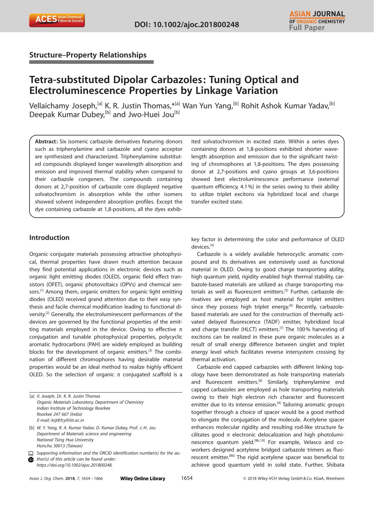 Tetraâsubstituted Dipolar Carbazoles: Tuning Optical and Electroluminescence Properties by Linkage Variation by Unknown