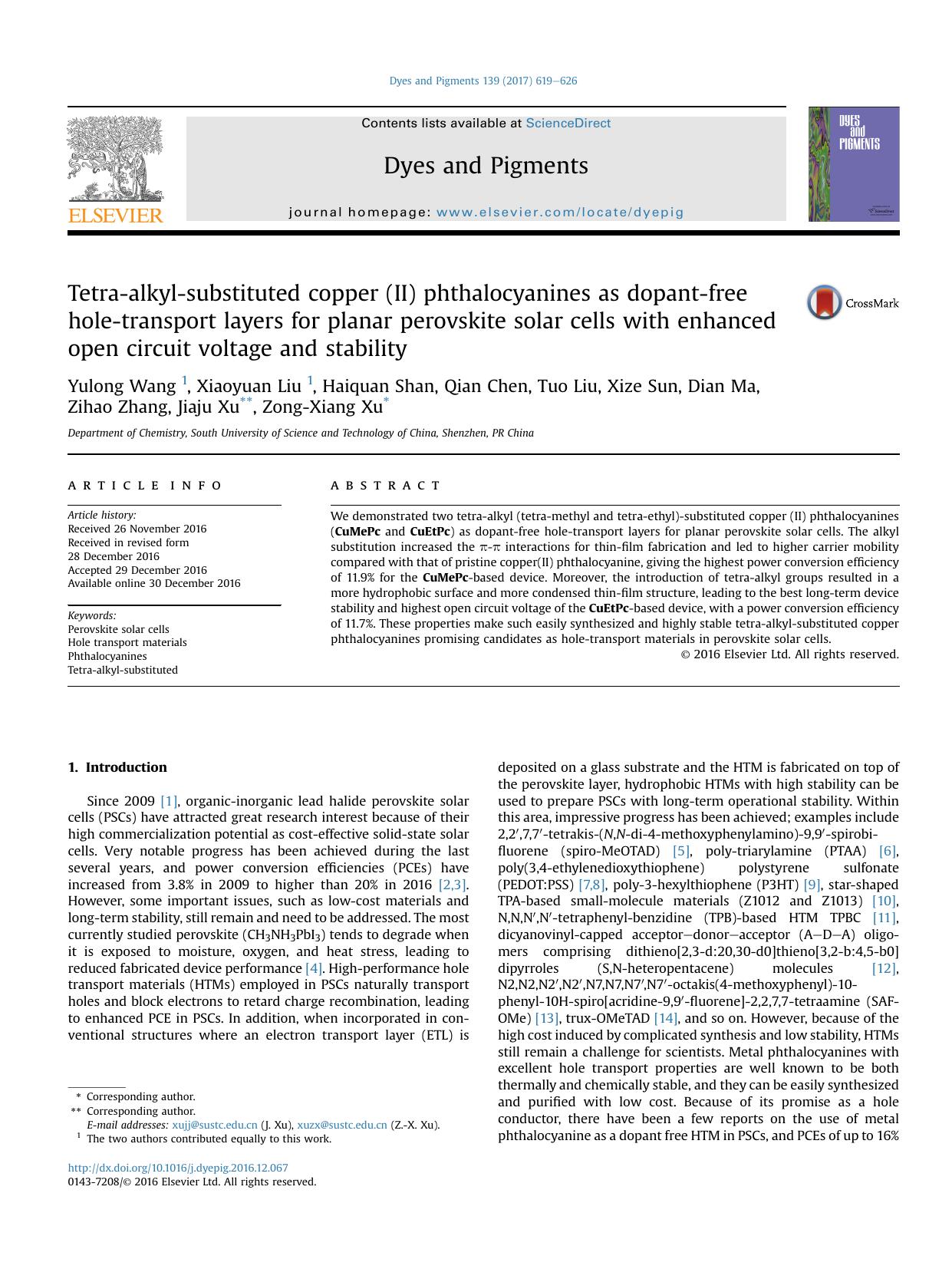 Tetra-alkyl-substituted copper (II) phthalocyanines as dopant-free hole-transport layers for planar perovskite solar cells with enhanced open circuit voltage and stability by unknow
