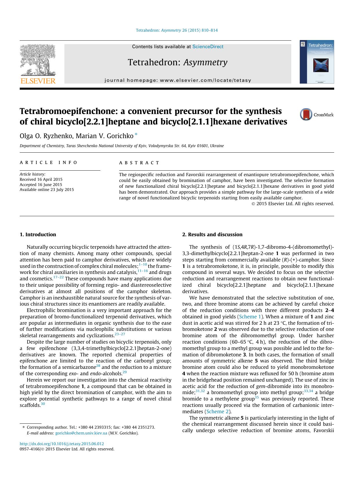 Tetrabromoepifenchone: a convenient precursor for the synthesis of chiral bicyclo[2.2.1]heptane and bicyclo[2.1.1]hexane derivatives by Olga O. Ryzhenko & Marian V. Gorichko