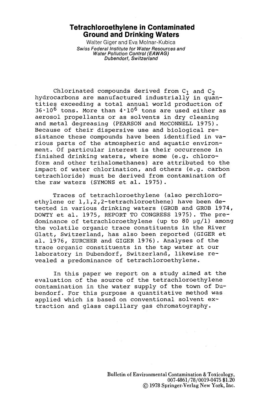 Tetrachloroethylene in contaminated ground and drinking waters by Unknown
