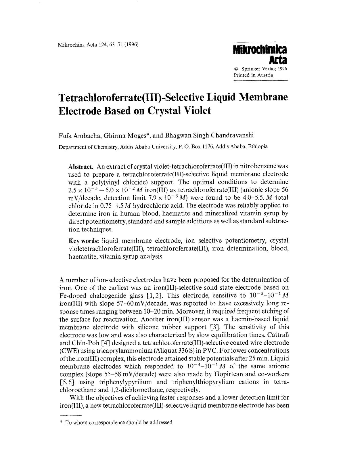 Tetrachloroferrate(III)-selective liquid membrane electrode based on crystal violet by Unknown