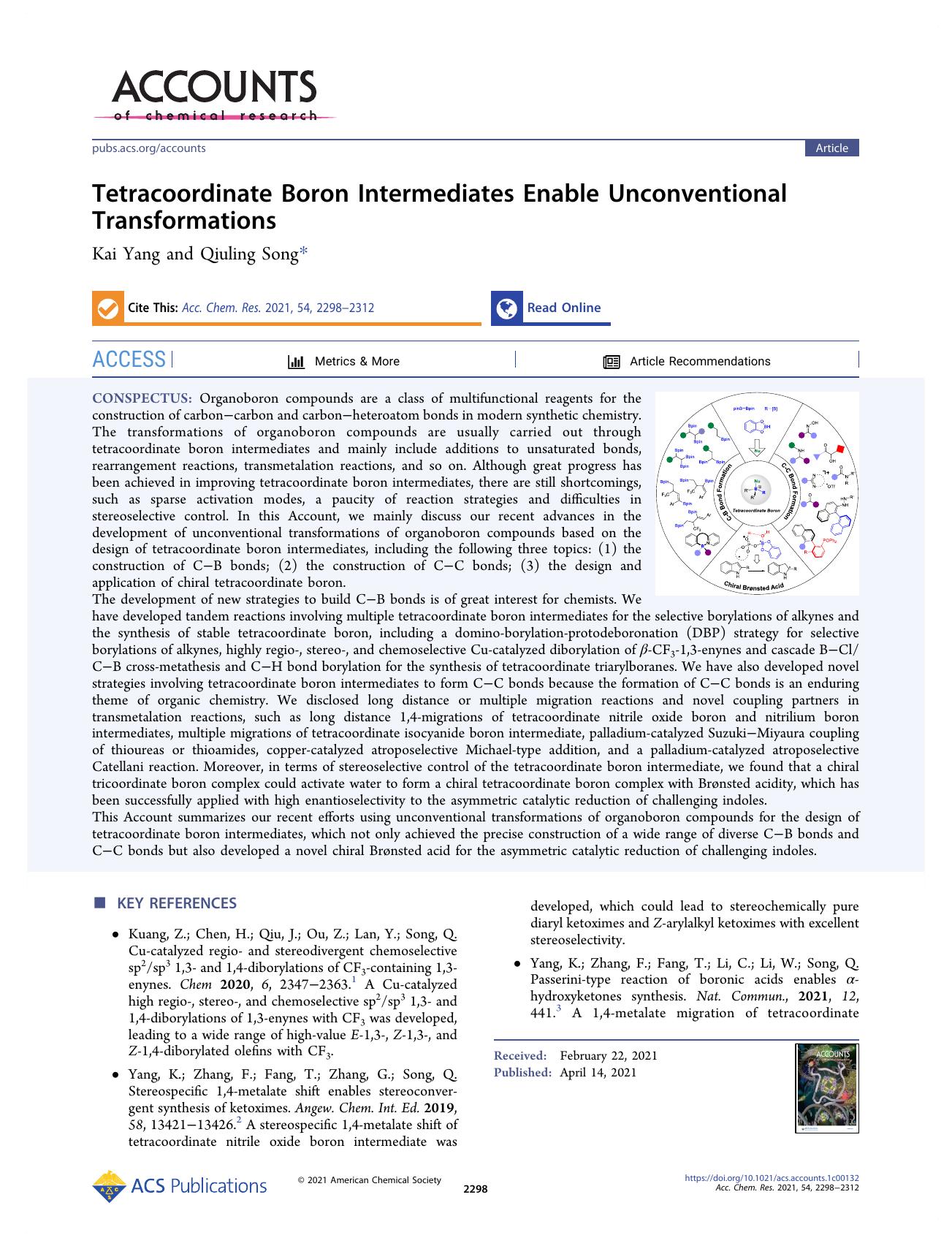 Tetracoordinate Boron Intermediates Enable Unconventional Transformations by Kai Yang and Qiuling Song