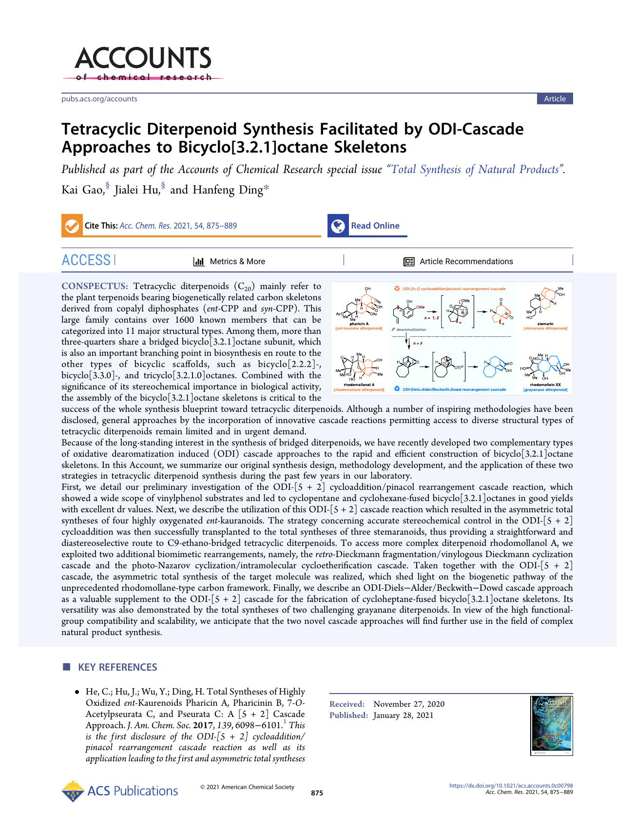 Tetracyclic Diterpenoid Synthesis Facilitated by ODI-Cascade Approaches to Bicyclo[3.2.1]octane Skeletons by Kai Gao Jialei Hu and Hanfeng Ding