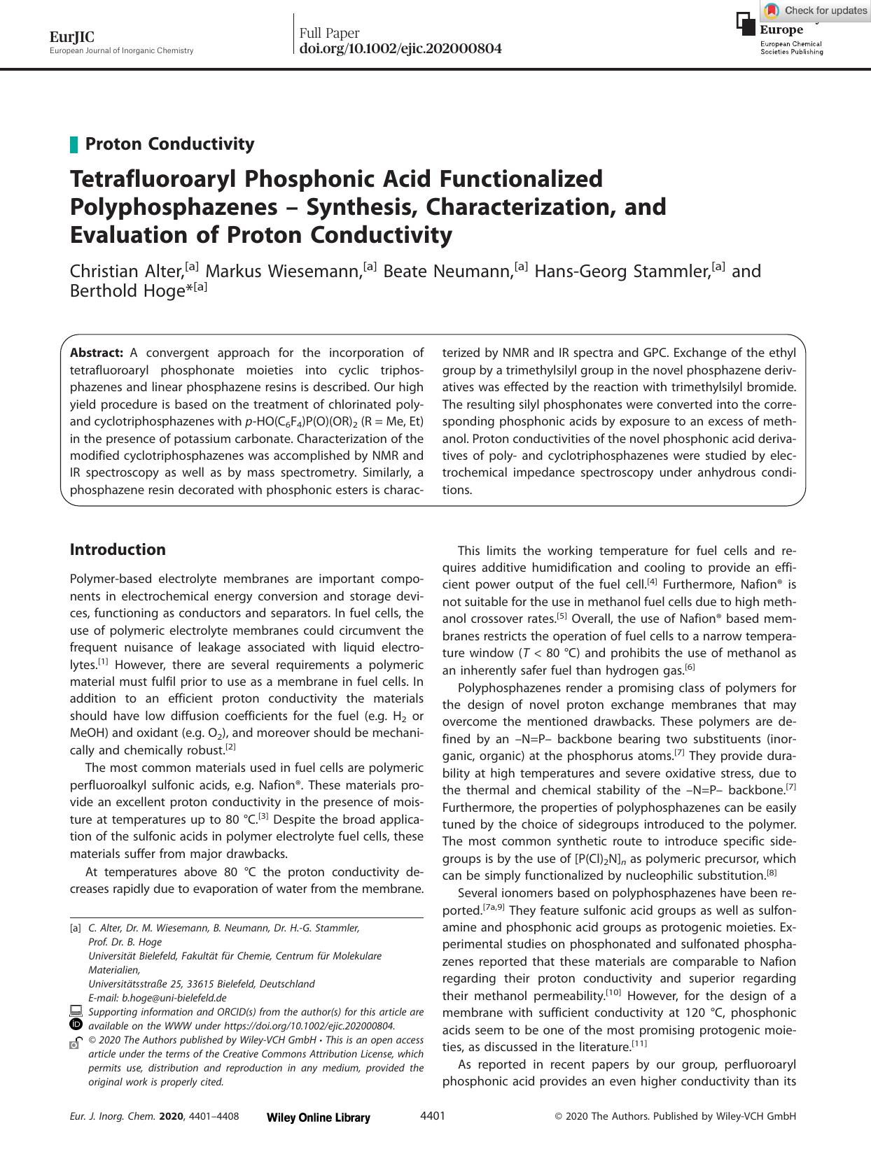 Tetrafluoroaryl Phosphonic Acid Functionalized Polyphosphazenes â Synthesis, Characterization, and Evaluation of Proton Conductivity by Unknown
