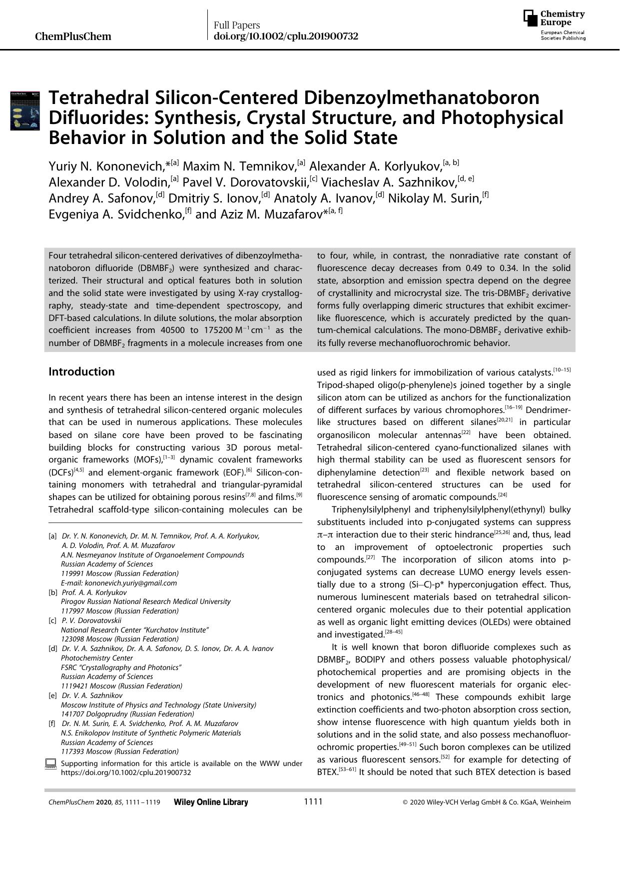 Tetrahedral SiliconâCentered Dibenzoylmethanatoboron Difluorides: Synthesis, Crystal Structure, and Photophysical Behavior in Solution and the Solid State by Unknown