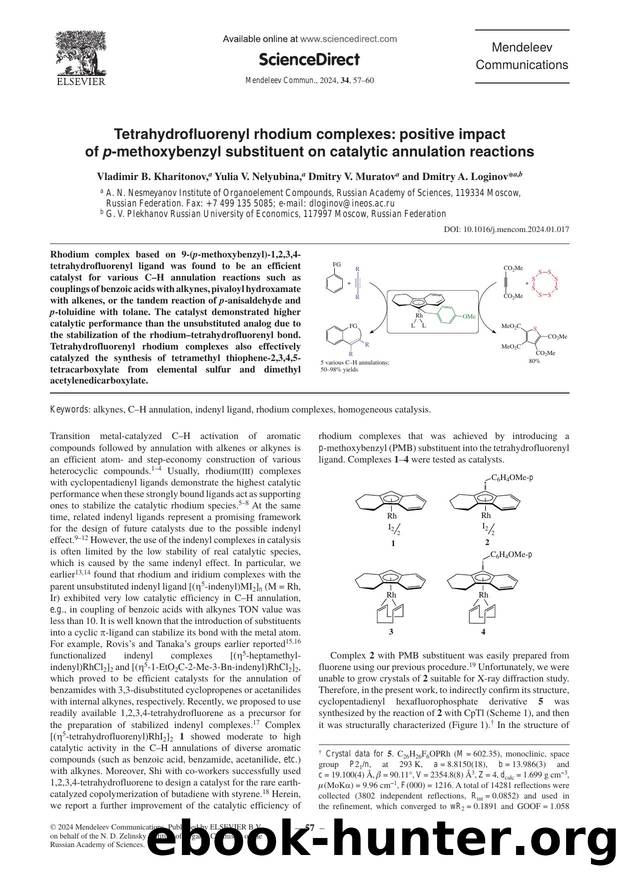 Tetrahydrofluorenyl rhodium complexes: positive impact of p-methoxybenzyl substituent on catalytic annulation reactions by Vladimir B. Kharitonov & Yulia V. Nelyubina & Dmitry V. Muratov & Dmitry A. Loginov