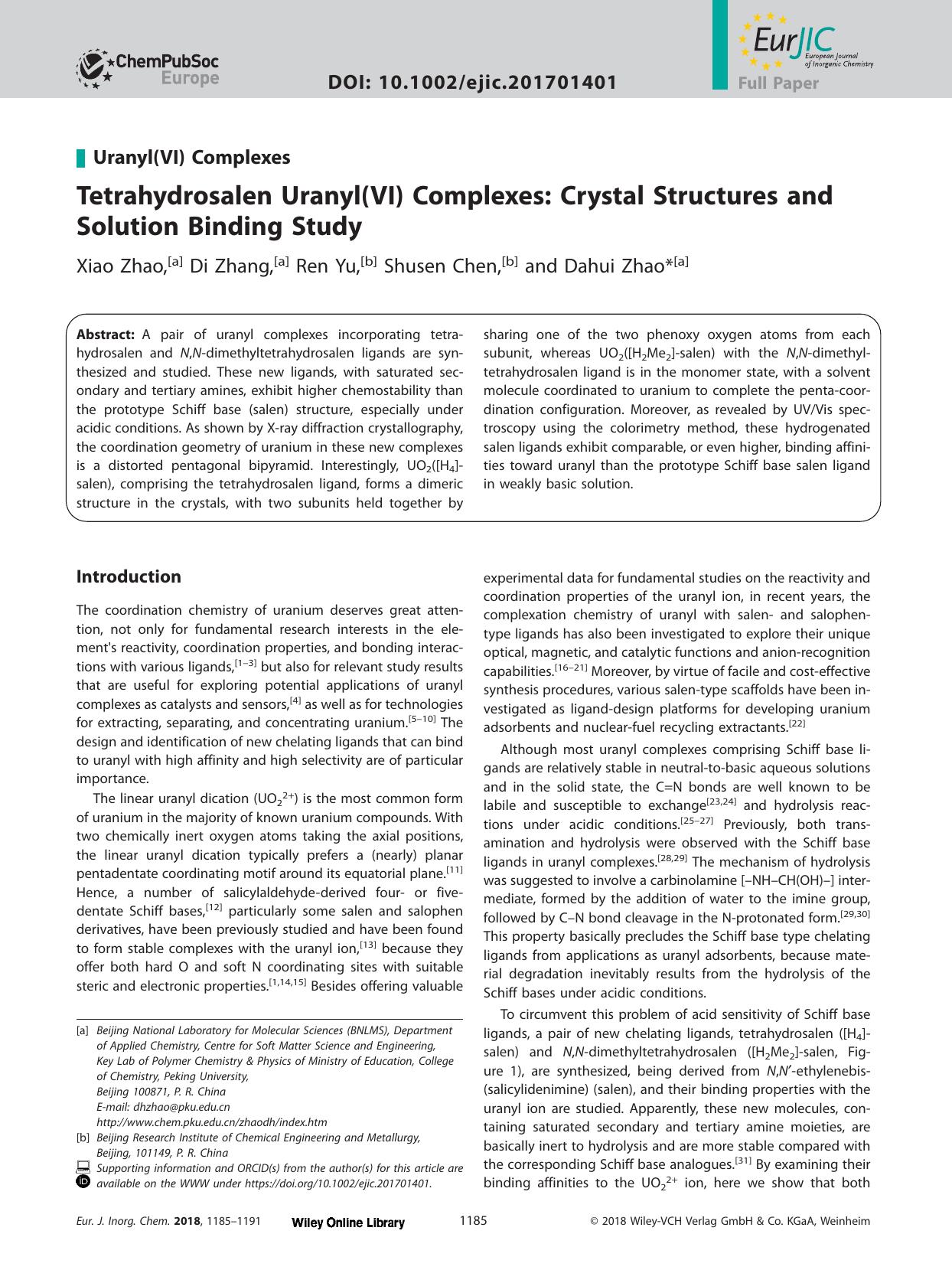 Tetrahydrosalen Uranyl(VI) Complexes: Crystal Structures and Solution Binding Study by Unknown