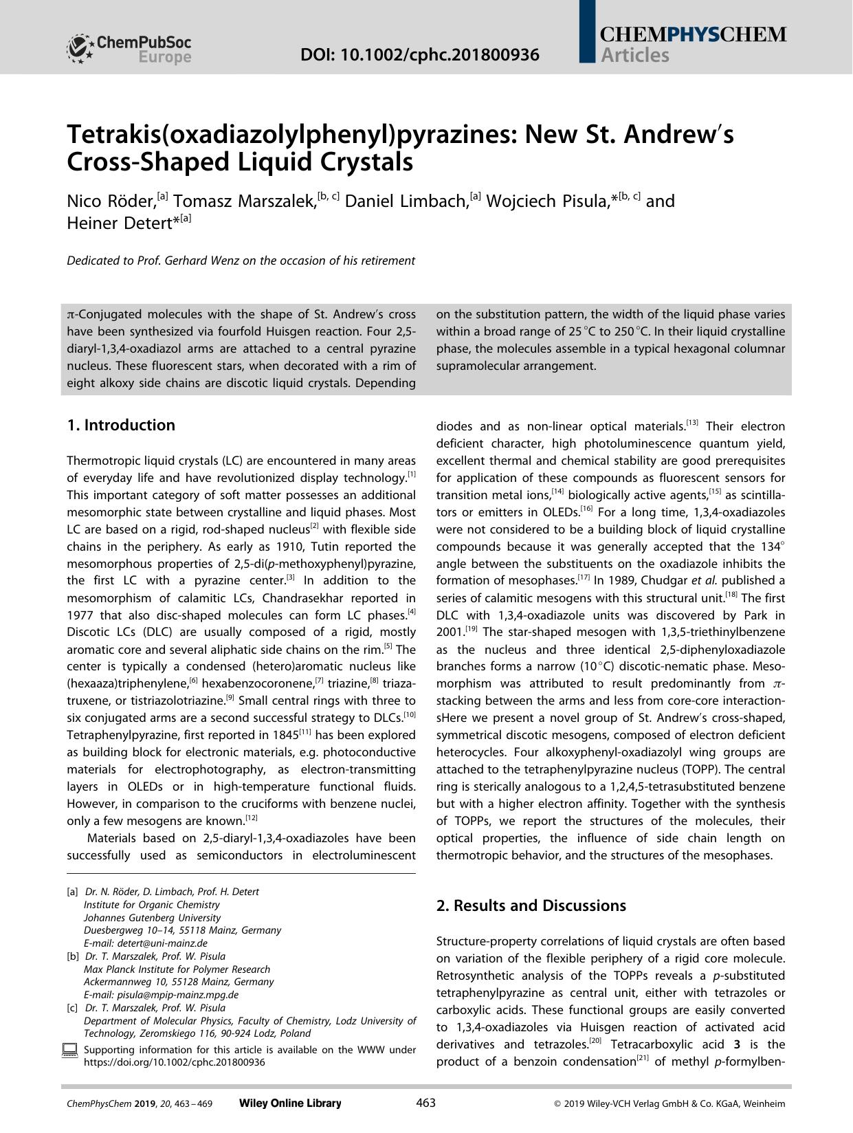 Tetrakis(oxadiazolylphenyl)pyrazines: New St. Andrewâ²s CrossâShaped Liquid Crystals by Unknown