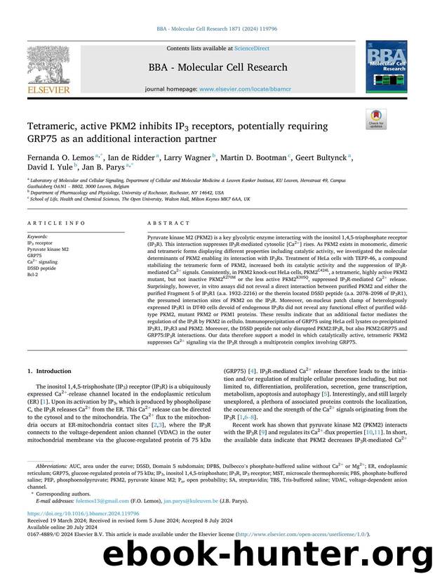 Tetrameric, active PKM2 inhibits IP3 receptors, potentially requiring GRP75 as an additional interaction partner by unknow
