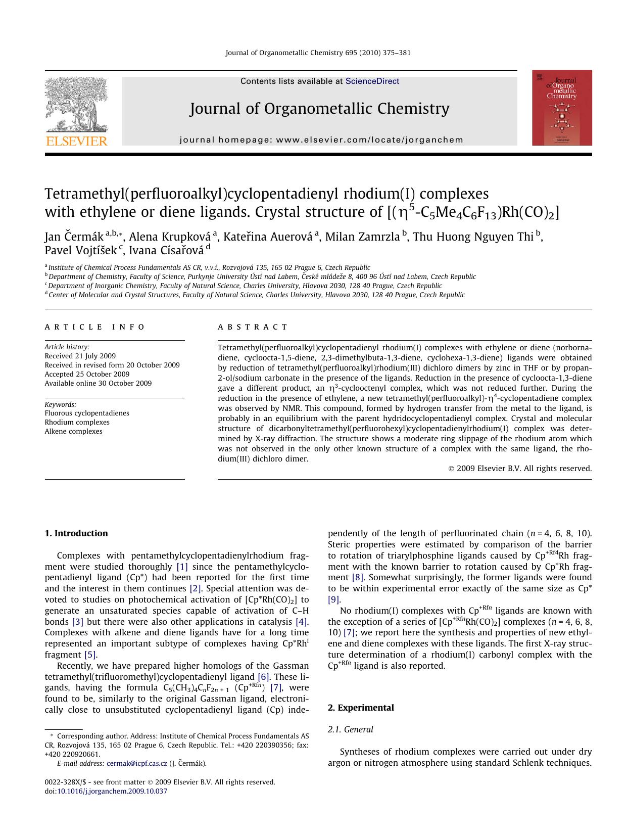 Tetramethyl(perfluoroalkyl)cyclopentadienyl rhodium(I) complexes with ethylene or diene ligands. Crystal structure of [(η5-C5Me4C6F13)Rh(CO)2] by unknow