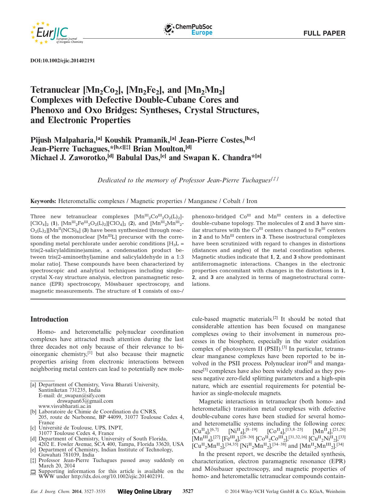 Tetranuclear [Mn2Co2], [Mn2Fe2], and [Mn2Mn2] Complexes with Defective DoubleCubane Cores and Phenoxo and Oxo Bridges: Syntheses, Crystal Structures, and Electronic Properties by Unknown