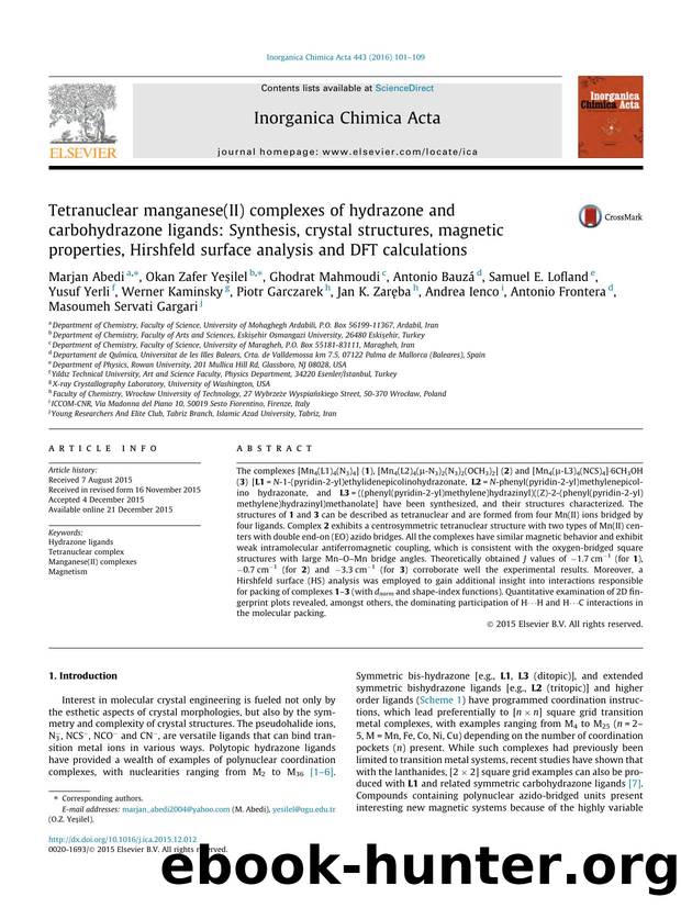 Tetranuclear manganese(II) complexes of hydrazone and carbohydrazone ligands: Synthesis, crystal structures, magnetic properties, Hirshfeld surface analysis and DFT calculations by unknow