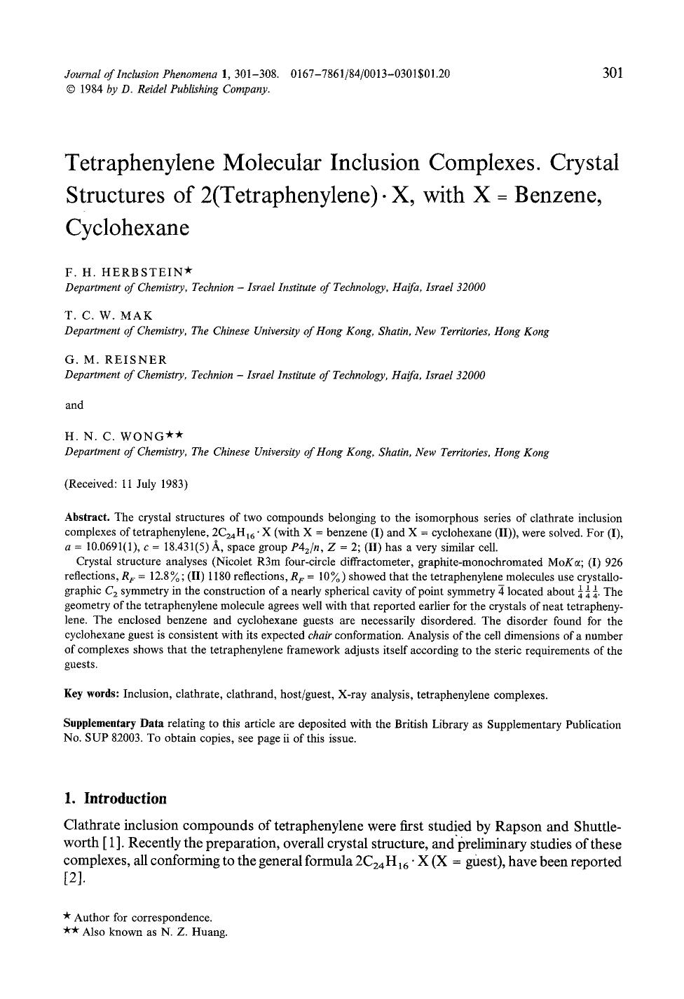 Tetraphenylene molecular inclusion complexes. Crystal structures of 2(tetraphenylene)·X, with X=benzene cyclohexane by Unknown