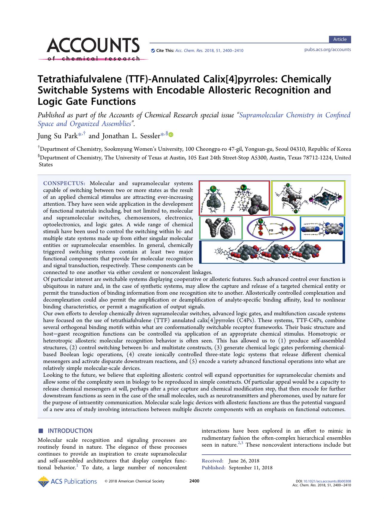 Tetrathiafulvalene (TTF)-Annulated Calix[4]pyrroles: Chemically Switchable Systems with Encodable Allosteric Recognition and Logic Gate Functions by Jung Su Park; Jonathan L. Sessler & Jonathan L. Sessler