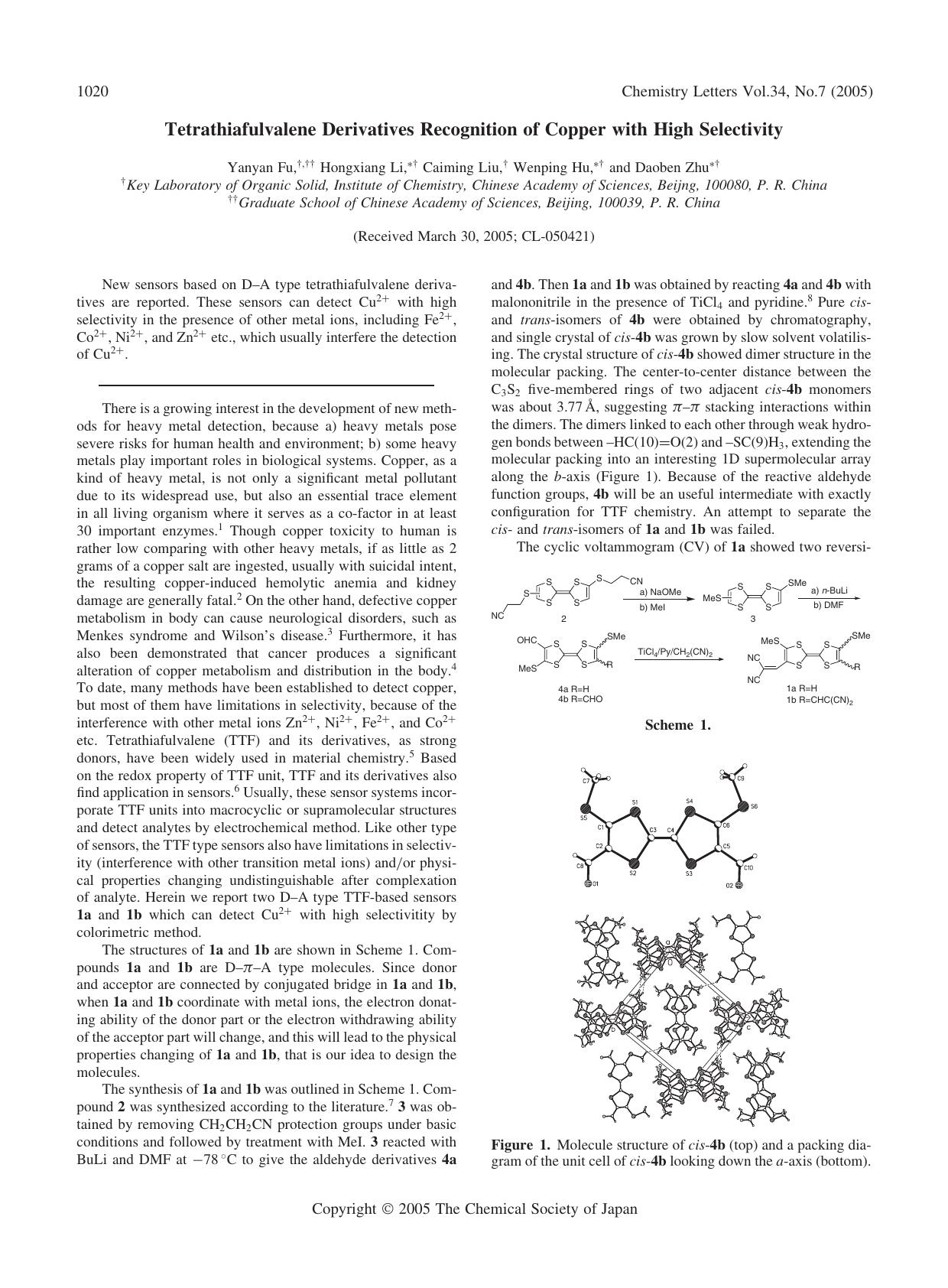 Tetrathiafulvalene Derivatives Recognition of Copper with High Selectivity by Yanyan Fu Hongxiang Li Caiming Liu Wenping Hu and Daoben Zhu