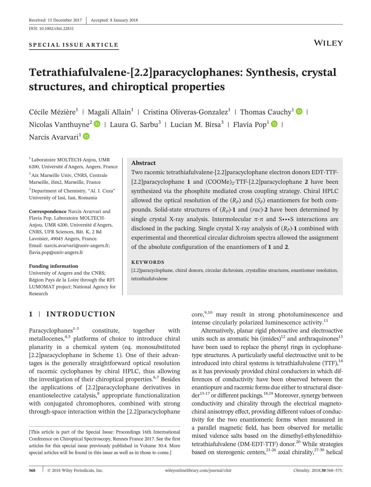 Tetrathiafulvaleneâ[2.2]paracyclophanes: Synthesis, crystal structures, and chiroptical properties by unknow