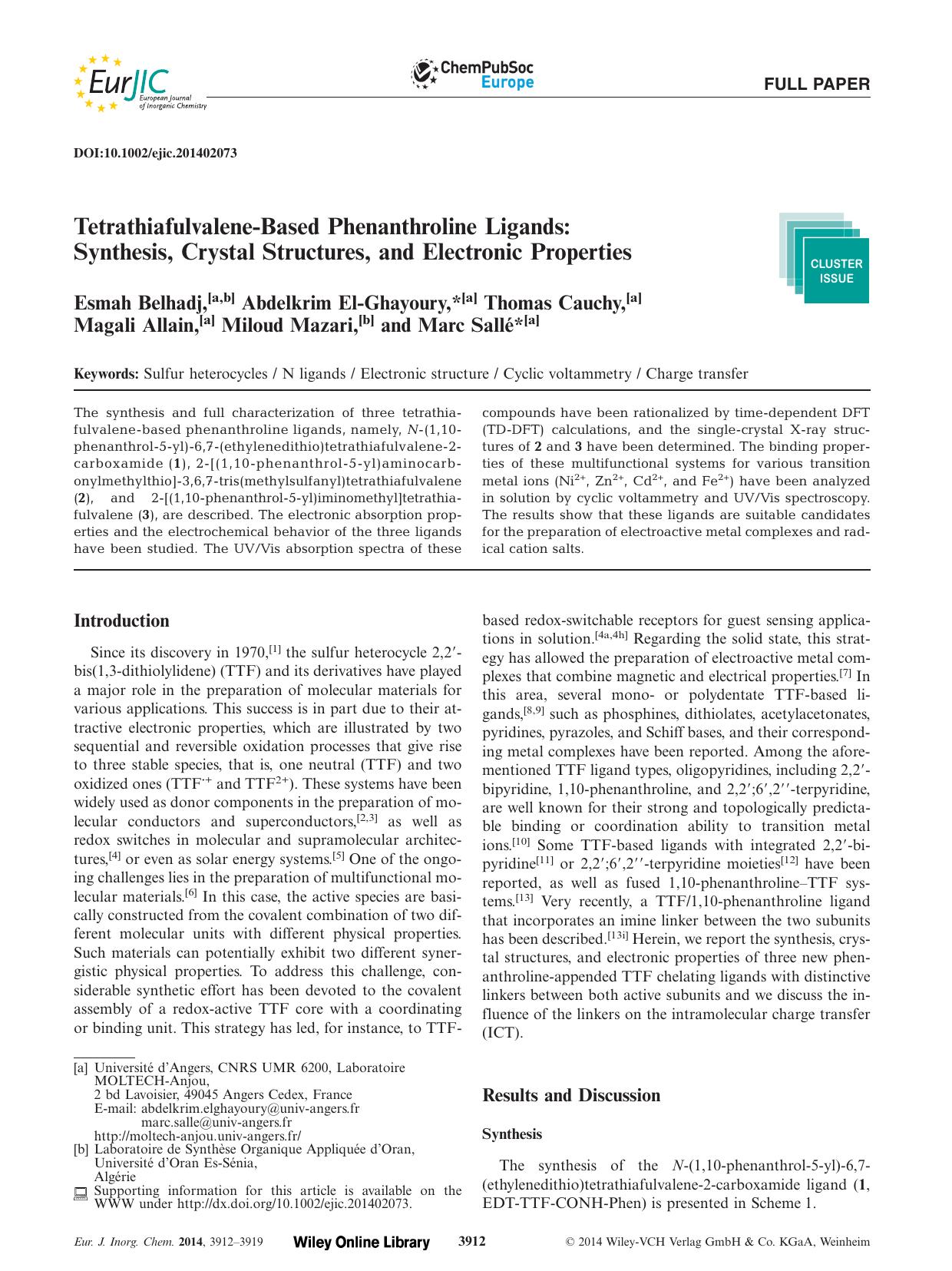 TetrathiafulvaleneBased Phenanthroline Ligands: Synthesis, Crystal Structures, and Electronic Properties by Unknown