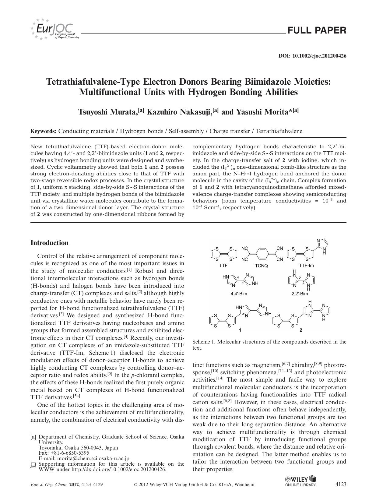 TetrathiafulvaleneType Electron Donors Bearing Biimidazole Moieties: Multifunctional Units with Hydrogen Bonding Abilities by Unknown