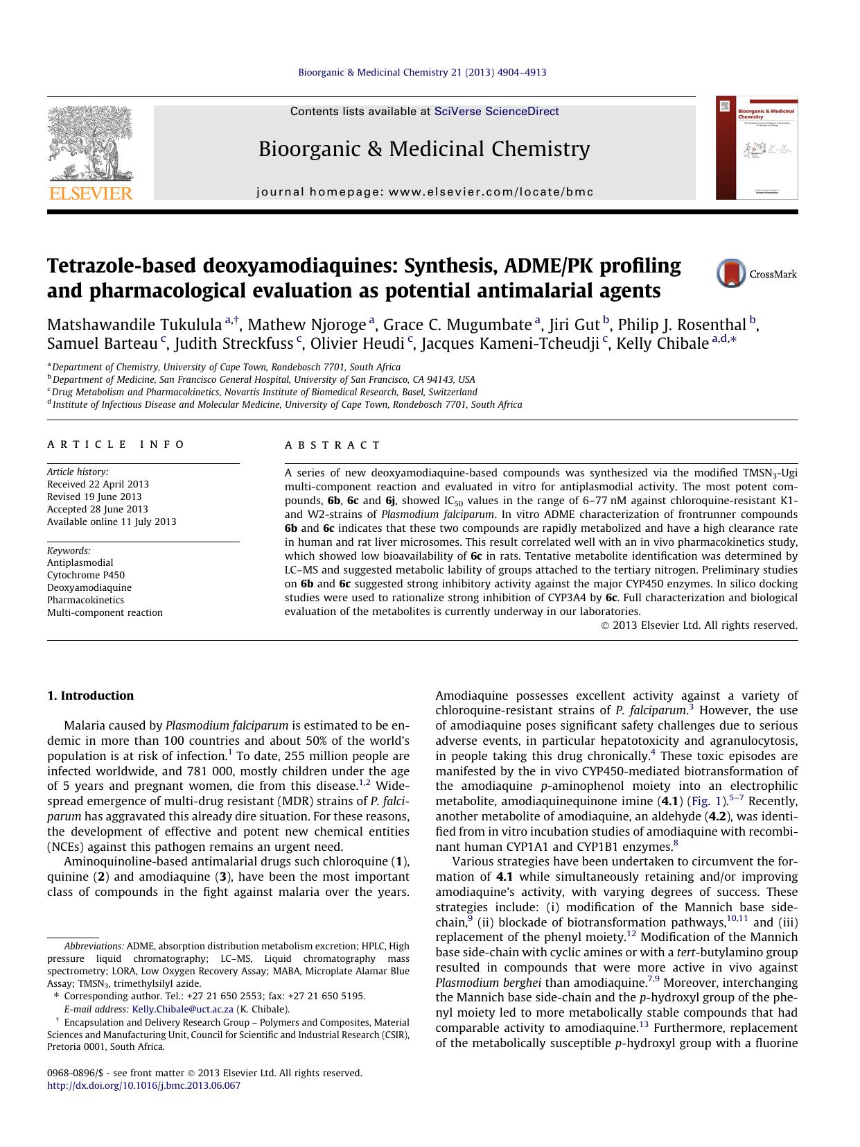 Tetrazole-based deoxyamodiaquines: Synthesis, ADMEPK profiling and pharmacological evaluation as potential antimalarial agents by unknow