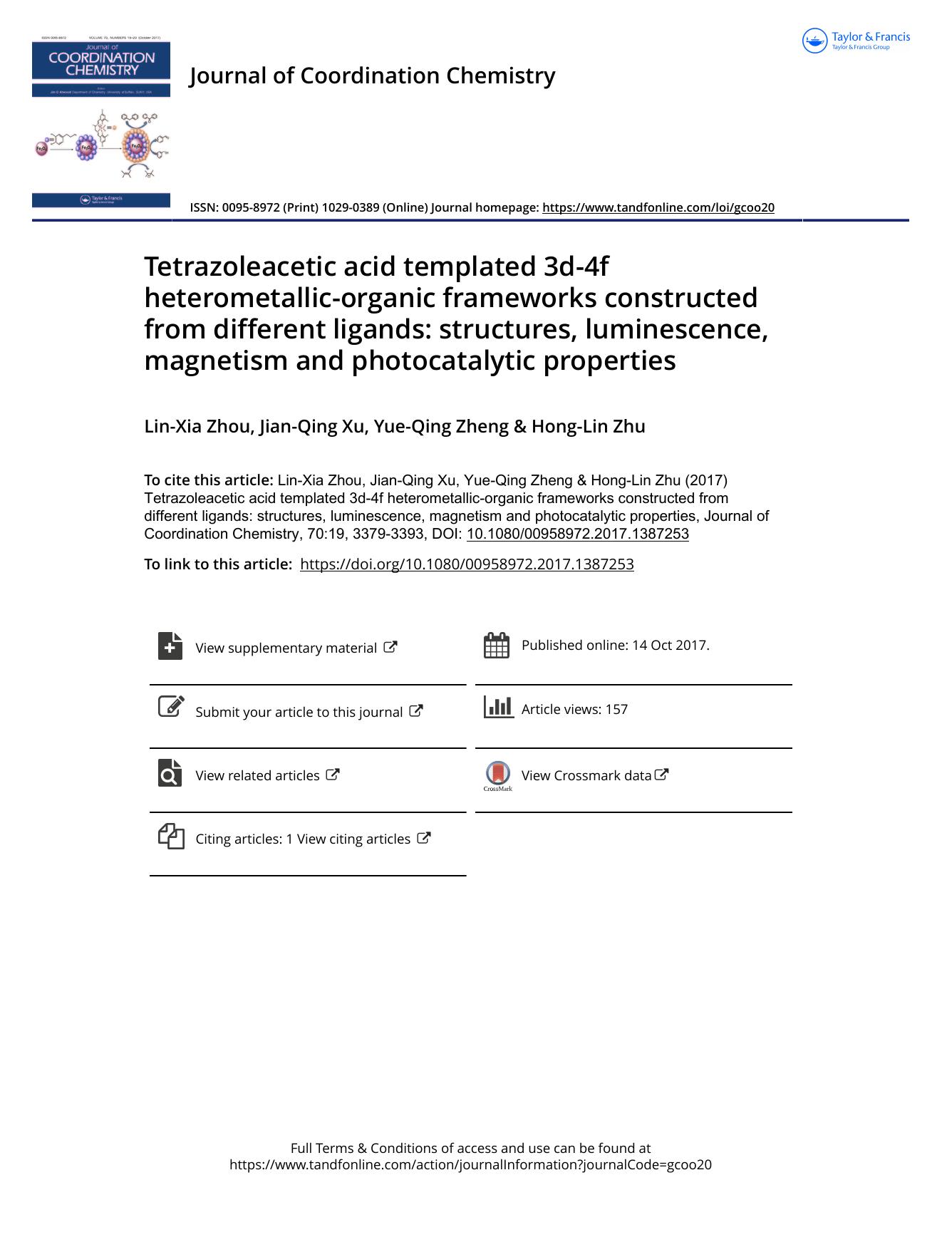Tetrazoleacetic acid templated 3d-4f heterometallic-organic frameworks constructed from different ligands: structures, luminescence, magnetism and photocatalytic properties by Lin-Xia Zhou & Jian-Qing Xu & Yue-Qing Zheng & Hong-Lin Zhu
