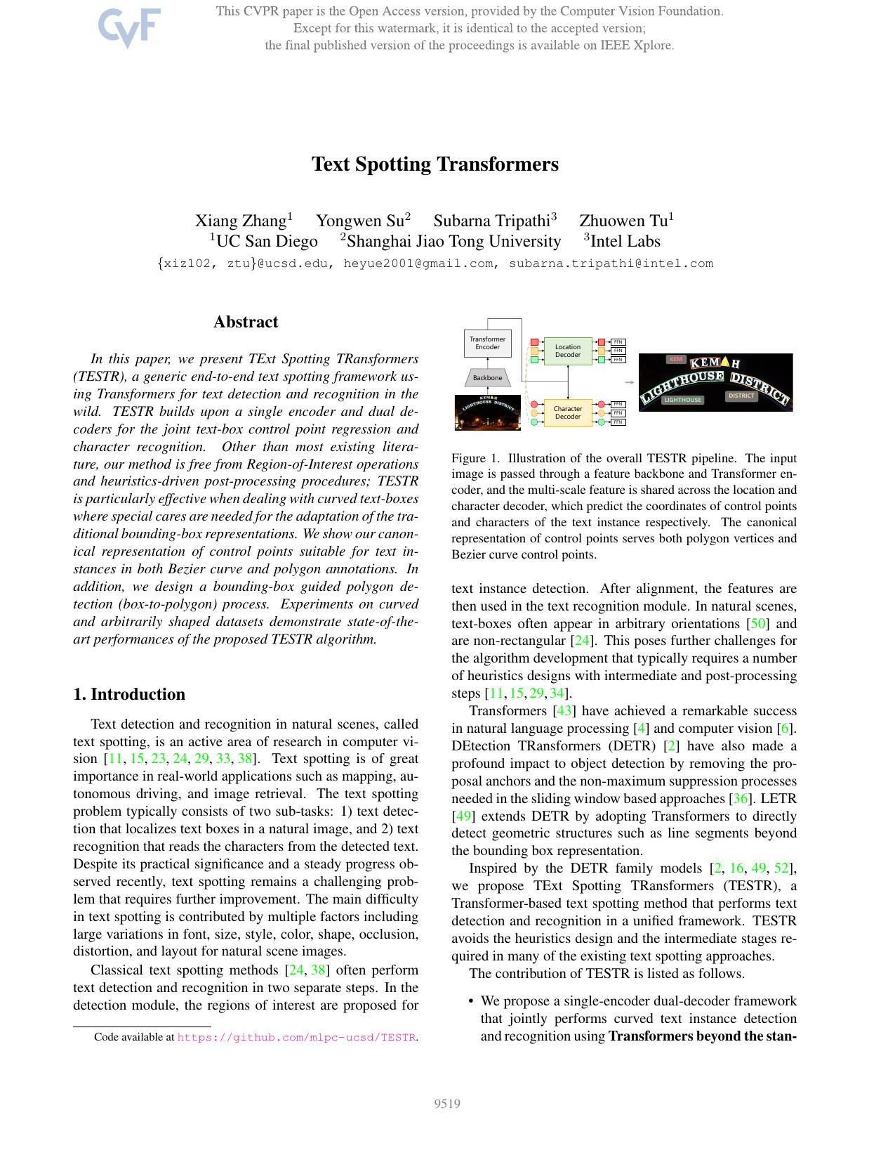 Text Spotting Transformers by Xiang Zhang & Yongwen Su & Subarna Tripathi & Zhuowen Tu