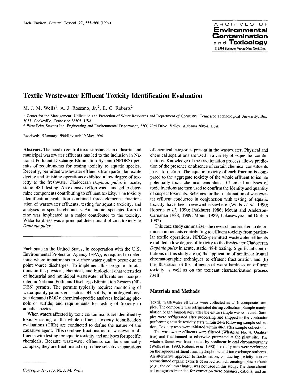 Textile wastewater effluent toxicity identification evaluation by Unknown