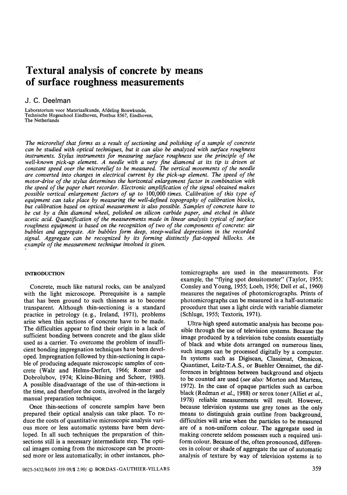 Textural analysis of concrete by means of surface roughness measurements by Unknown
