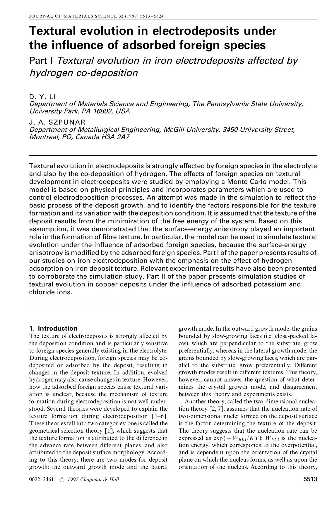 Textural evolution in electrodeposits under the influence of adsorbed foreign species: Part I Textural evolution in iron electrodeposits affected by hydrogen co-deposition by Unknown