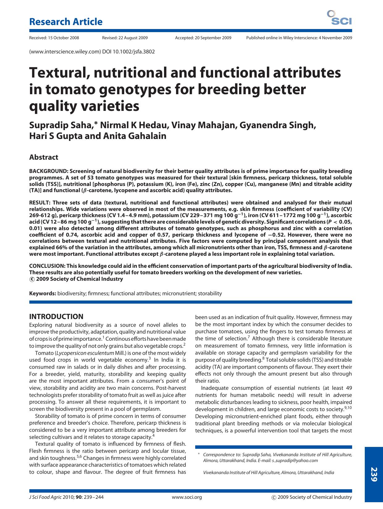 Textural, nutritional and functional attributes in tomato genotypes for breeding better quality varieties by Unknown