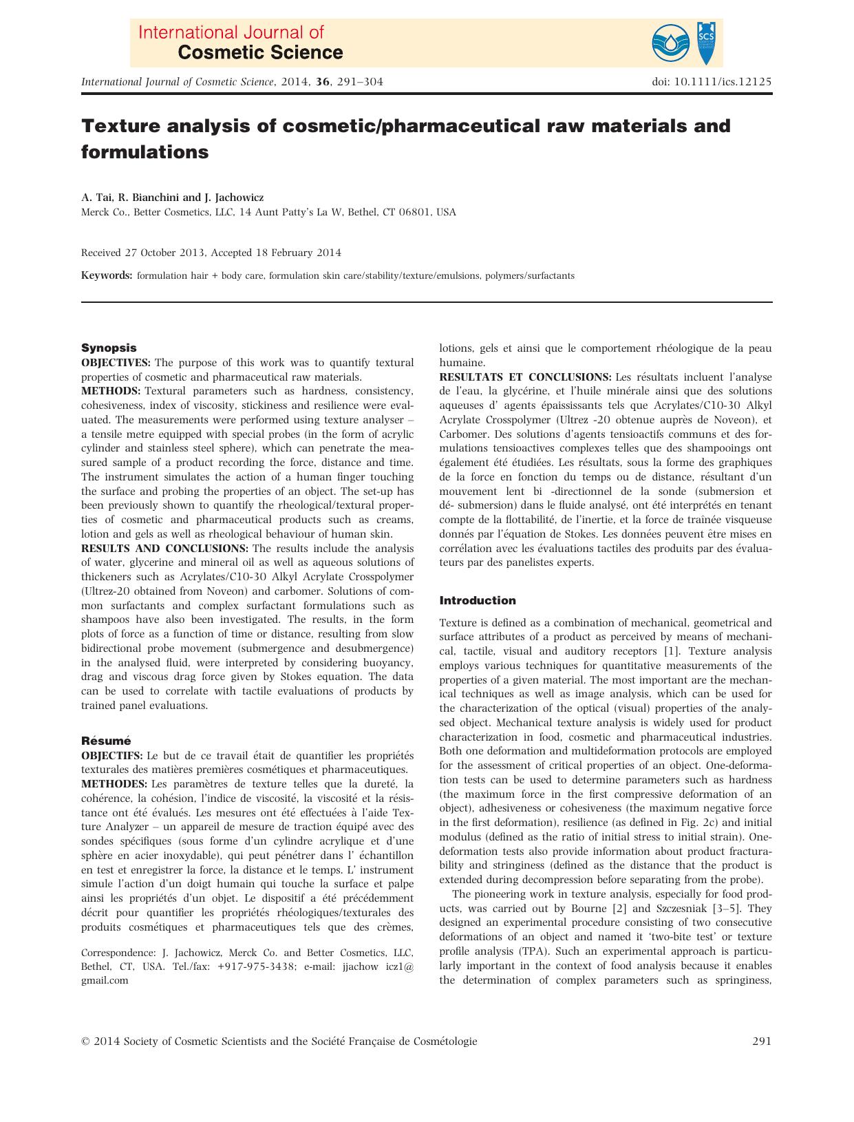 Texture analysis of cosmeticpharmaceutical raw materials and formulations by Unknown