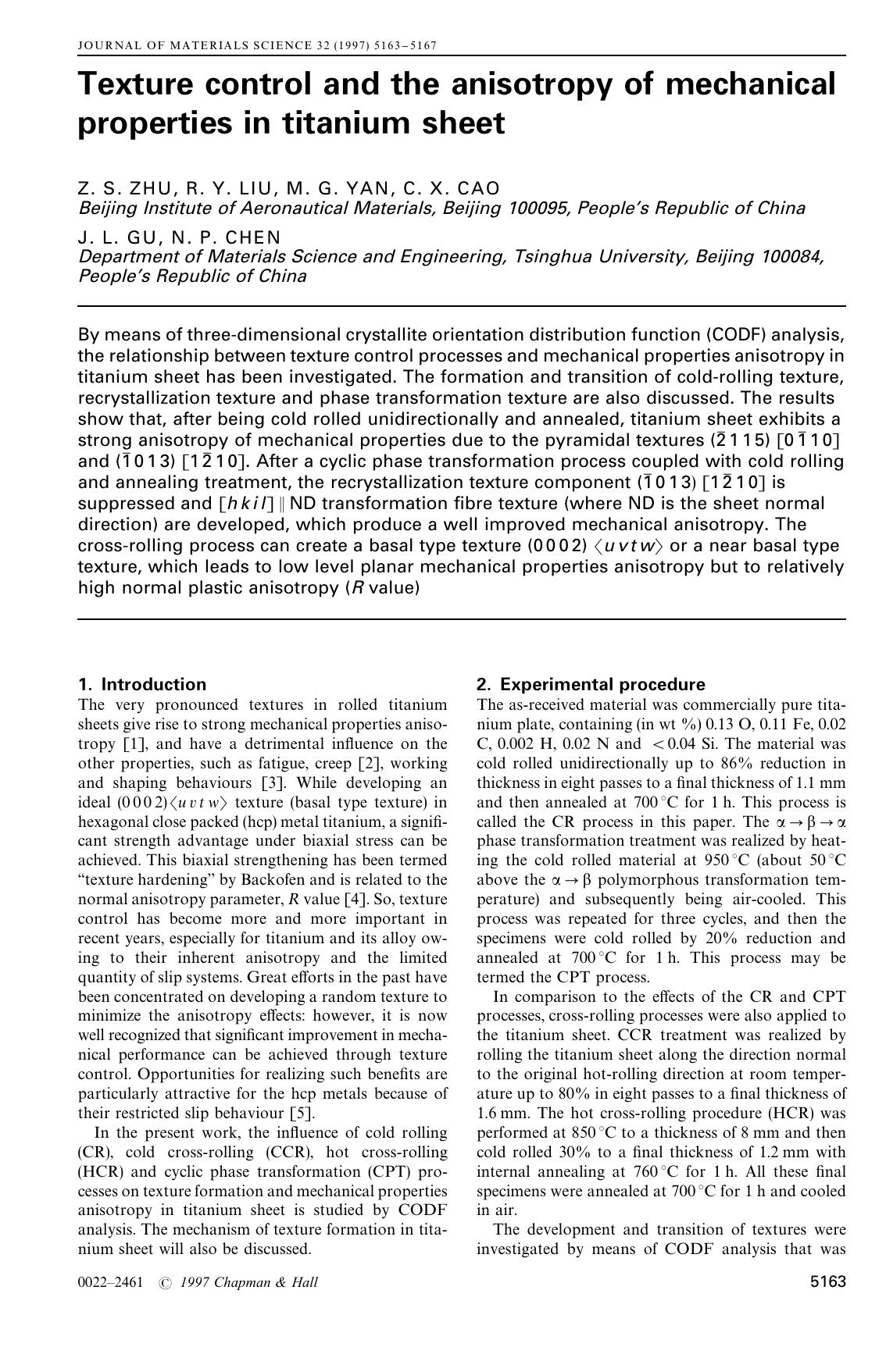 Texture control and the anisotropy of mechanical properties in titanium sheet by Unknown
