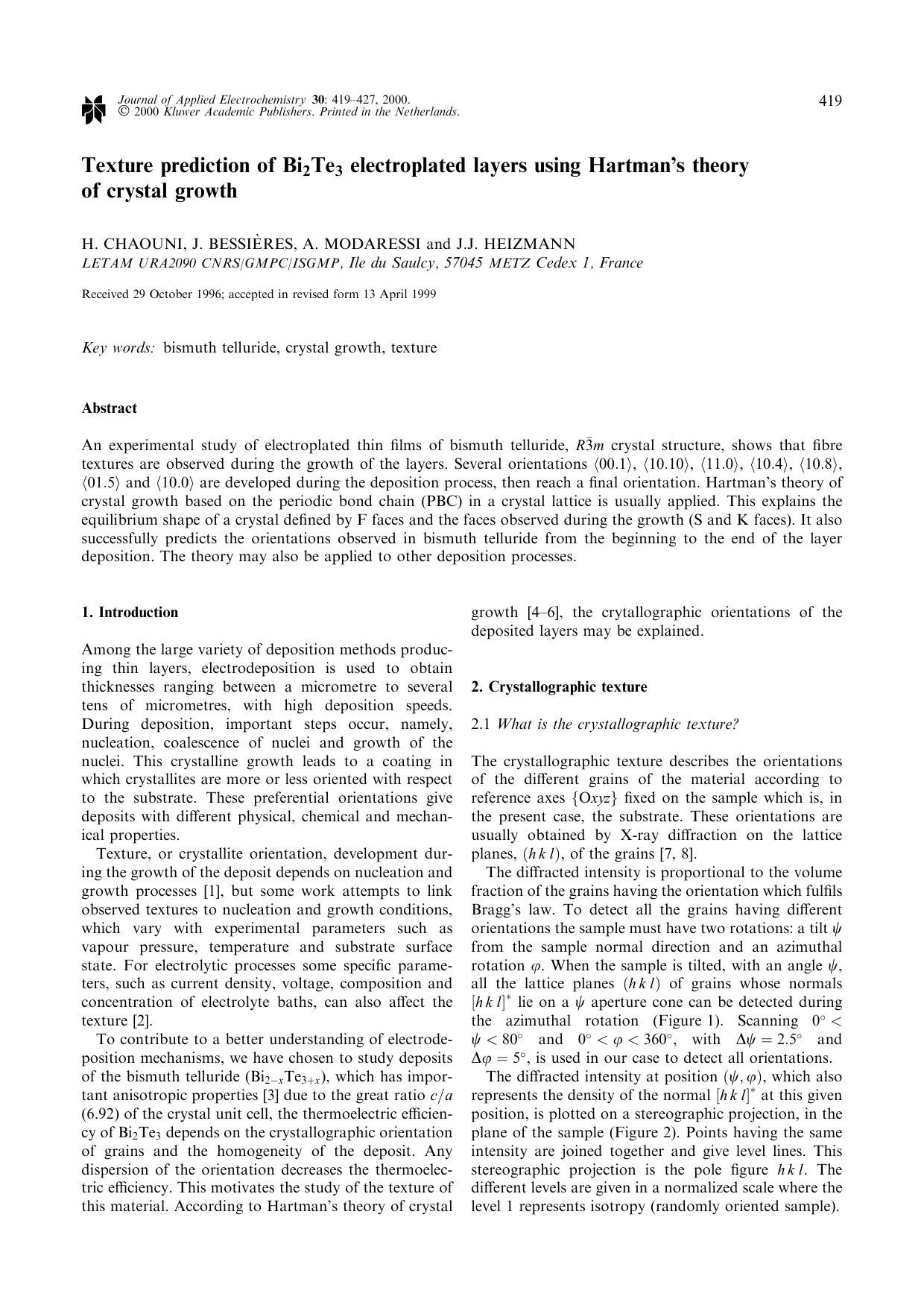 Texture prediction of Bi2Te3 electroplated layers using Hartman's theory of crystal growth by Unknown