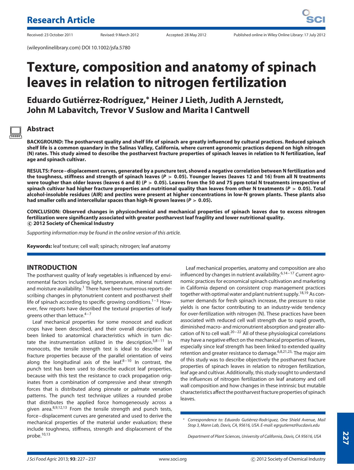 Texture, composition and anatomy of spinach leaves in relation to nitrogen fertilization by Unknown