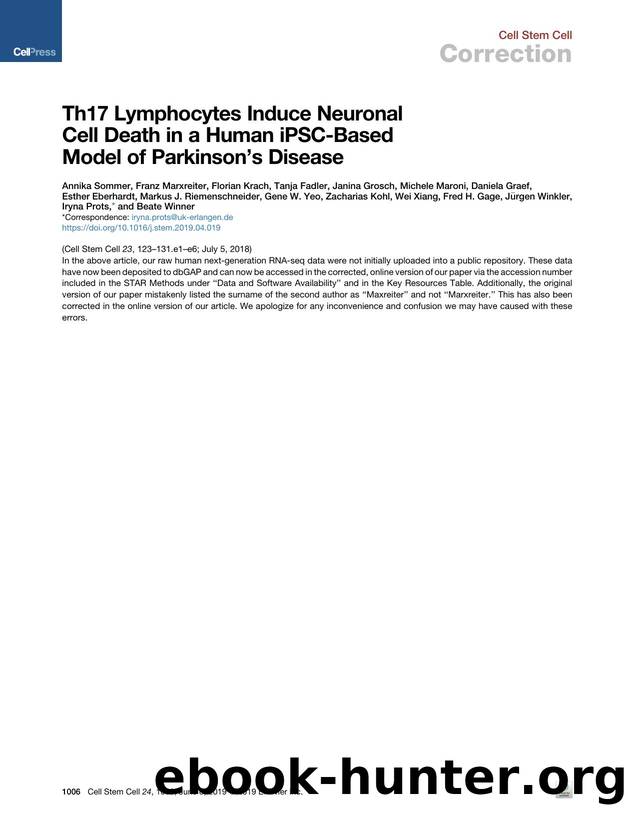 Th17 Lymphocytes Induce Neuronal Cell Death in a Human iPSC-Based Model of Parkinson's Disease by unknow