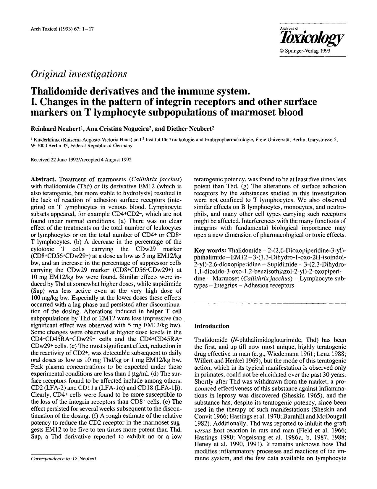 Thalidomide derivatives and the immune system. I. Changes in the pattern of integrin receptors and other surface markers on T lymphocyte subpopulations of marmoset blood by Unknown