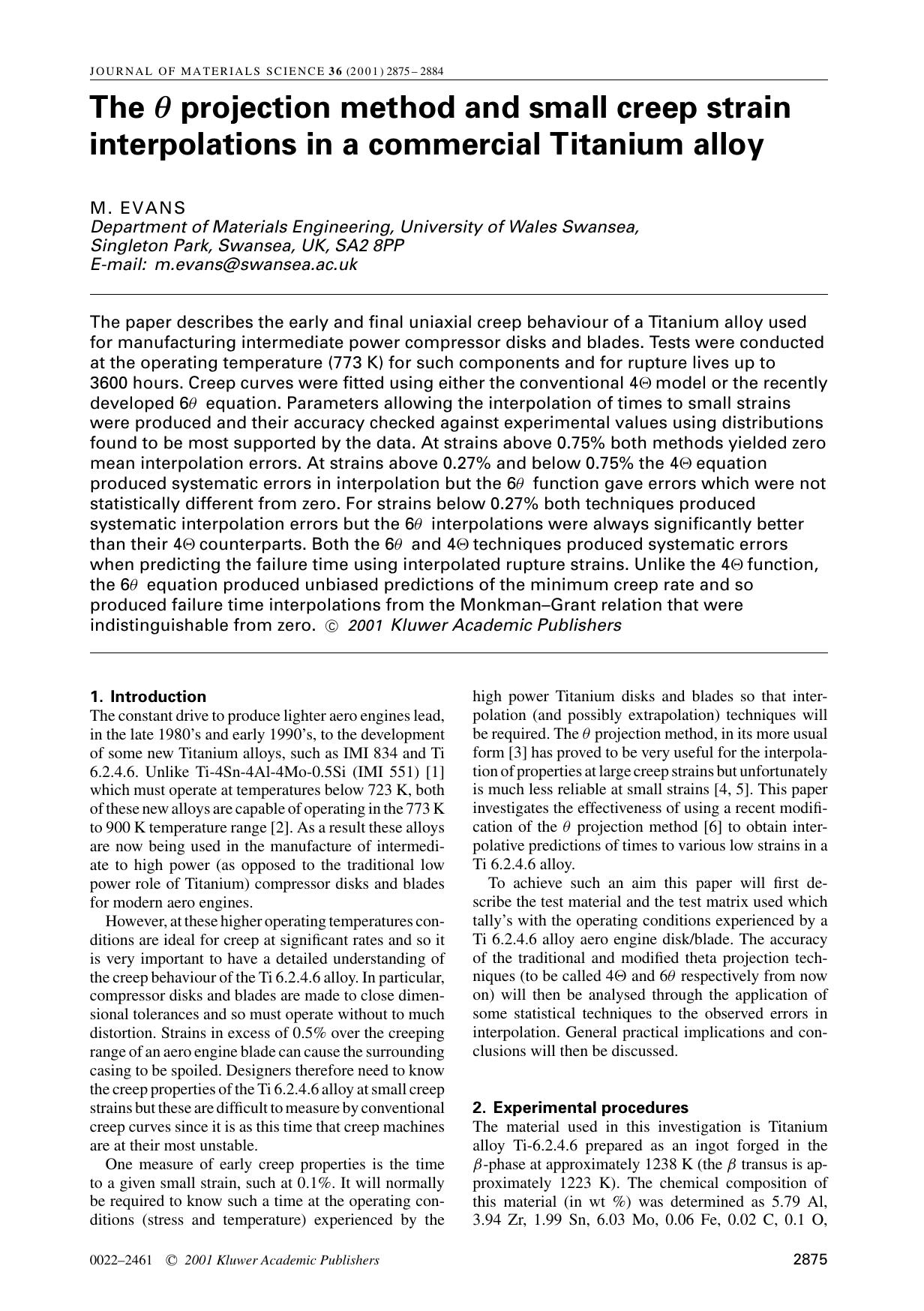 The θ projection method and small creep strain interpolations in a commercial Titanium alloy by Unknown