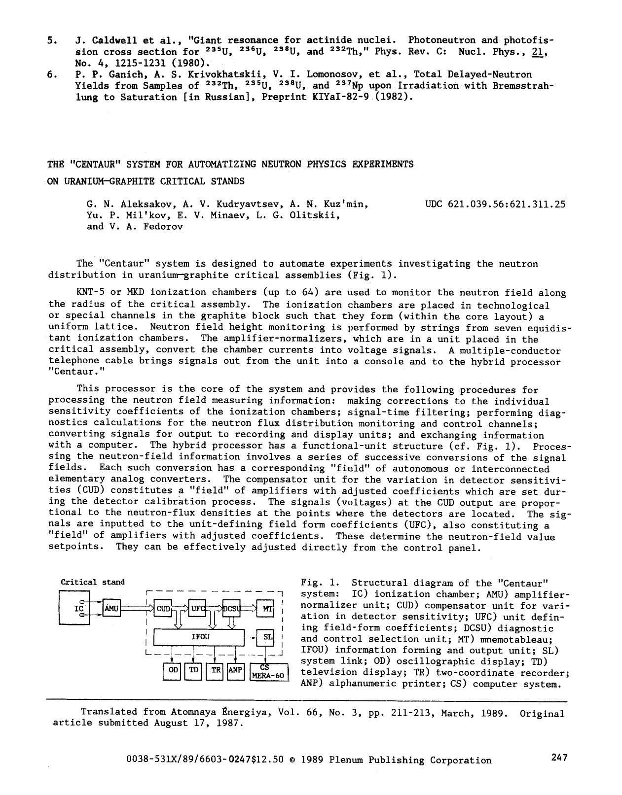 The “Centaur” system for automatizing neutron physics experiments on uranium-graphite critical stands by Unknown