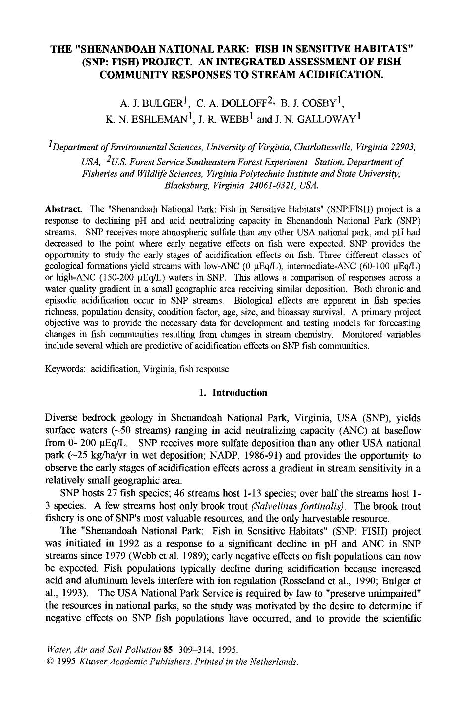 The “shenandoah national park: Fish in sensitive habitats” (SNP: FISH) project. An integrated assessment of fish community responses to stream acidification by Unknown
