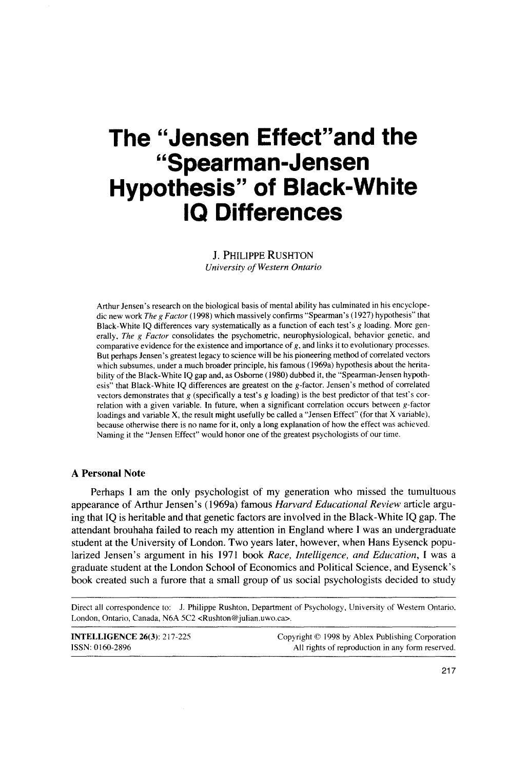 The ''Jensen Effect'' and the ''Spearman-Jensen Hypothesis'' of Black-White IQ Differences (1998) by John Philippe Rushton by Unknown