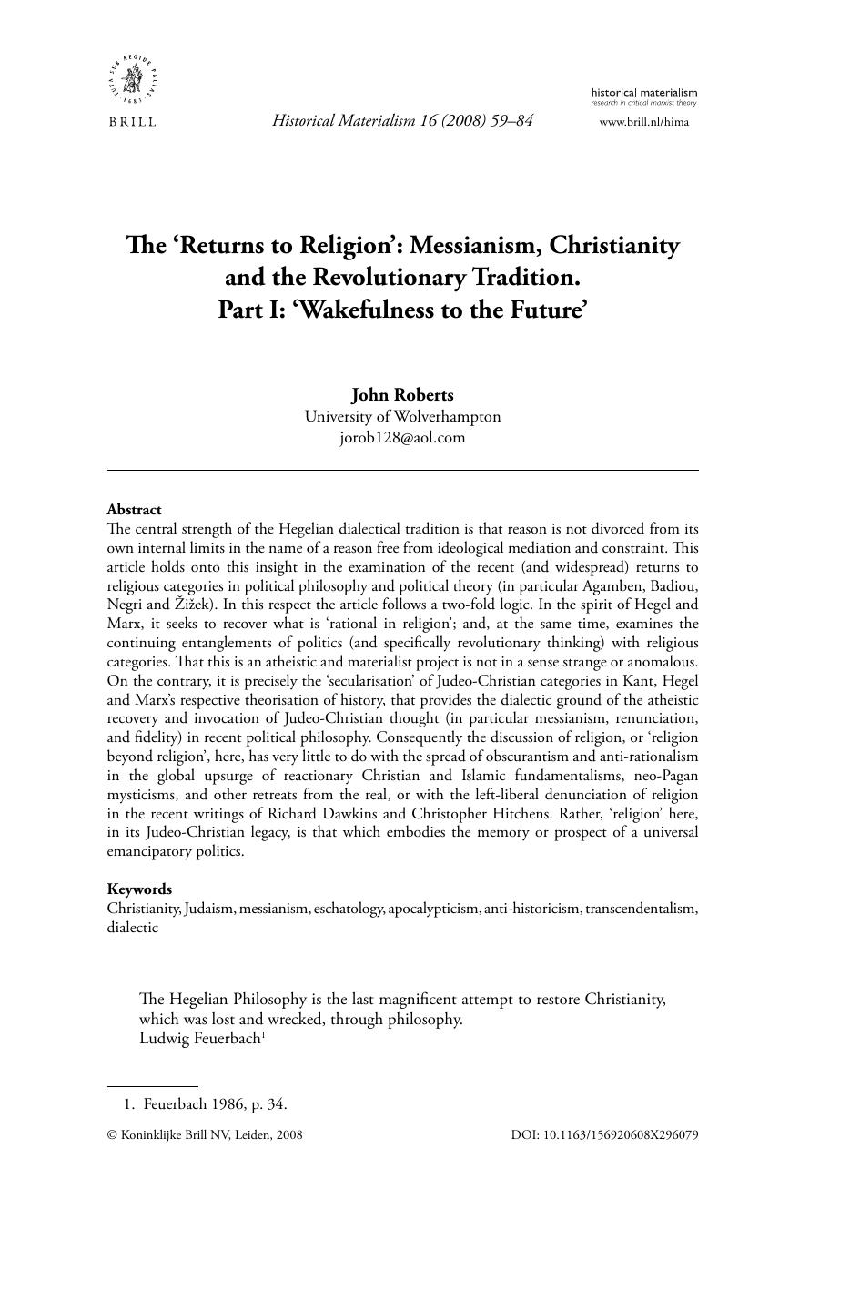 The 'Returns to Religion': Messianism, Christianity and the Revolutionary Tradition. Part I: 'Wakefulness to the Future' by John Roberts