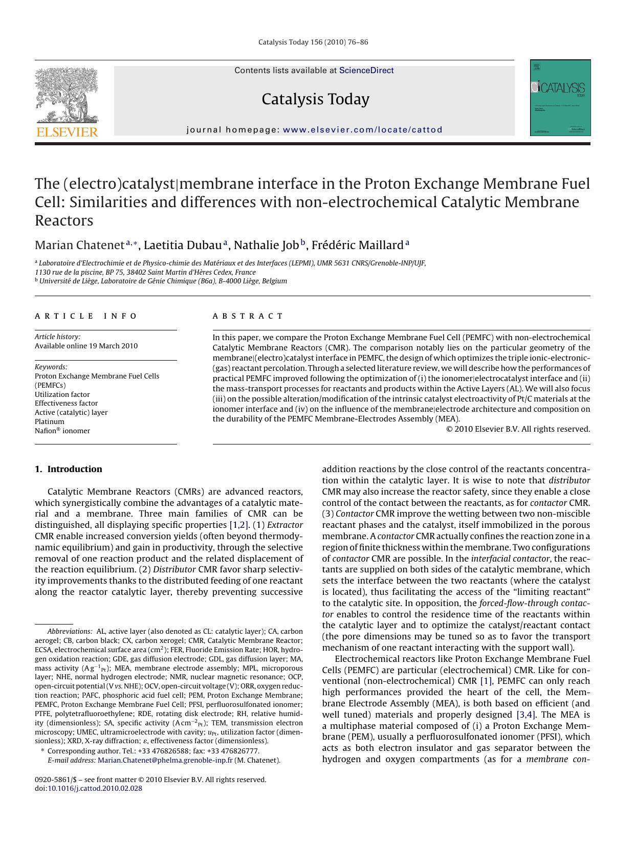 The (electro)catalyst|membrane interface in the Proton Exchange Membrane Fuel Cell: Similarities and differences with non-electrochemical Catalytic Membrane Reactors by Marian Chatenet