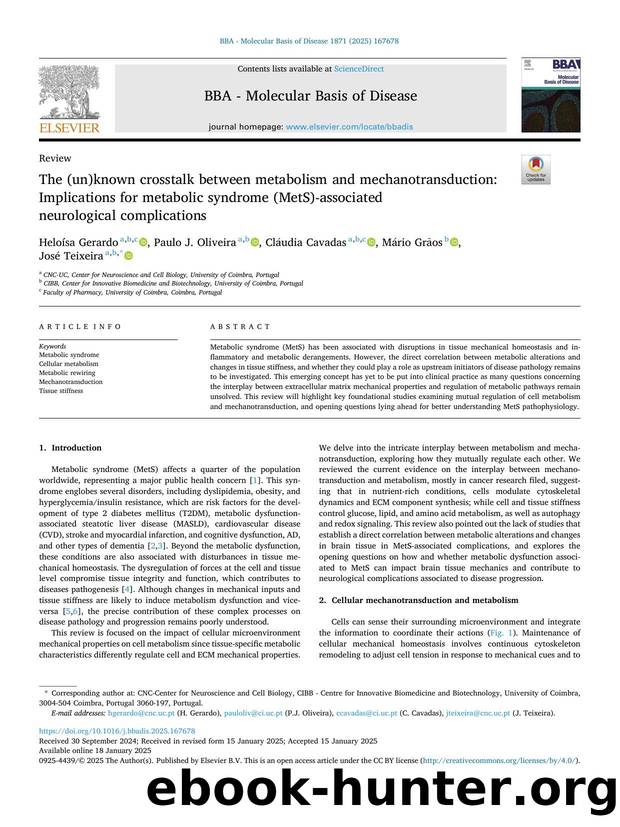 The (un)known crosstalk between metabolism and mechanotransduction: Implications for metabolic syndrome (MetS)-associated neurological complications by Heloísa Gerardo & Paulo J. Oliveira & Cláudia Cavadas & Mário Grãos & José Teixeira