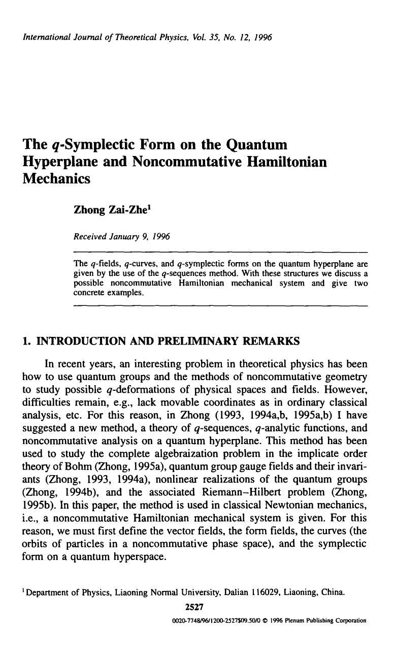 The <Emphasis Type="Italic">q <Emphasis>-symplectic form on the quantum hyperplane and noncommutative Hamiltonian mechanics by Unknown