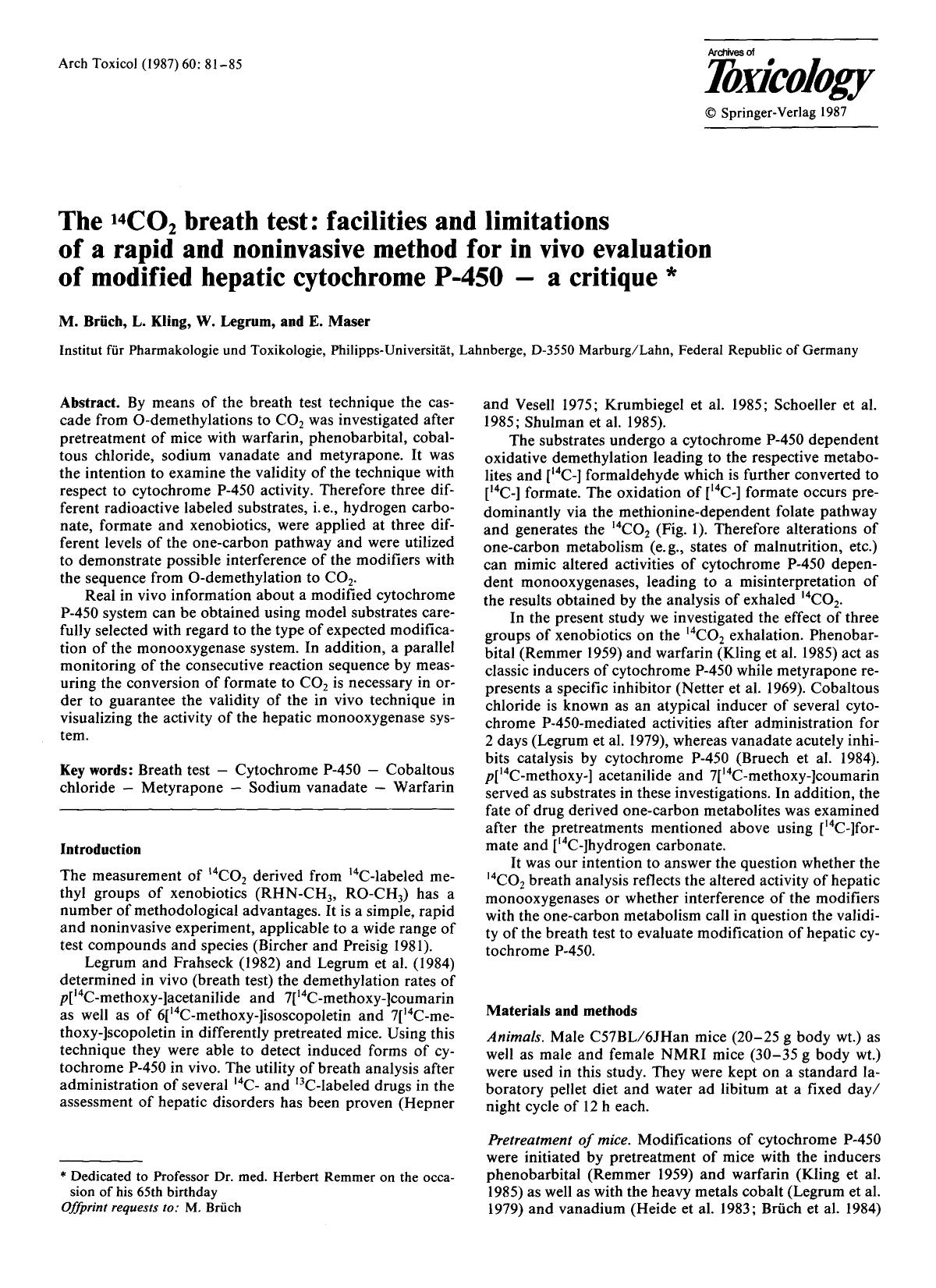 The <Superscript>14<Superscript>CO<Subscript>2<Subscript> breath test: facilities and limitations of a rapid and noninvasive method for in vivo evaluation of modified hepatic cytoc by Unknown