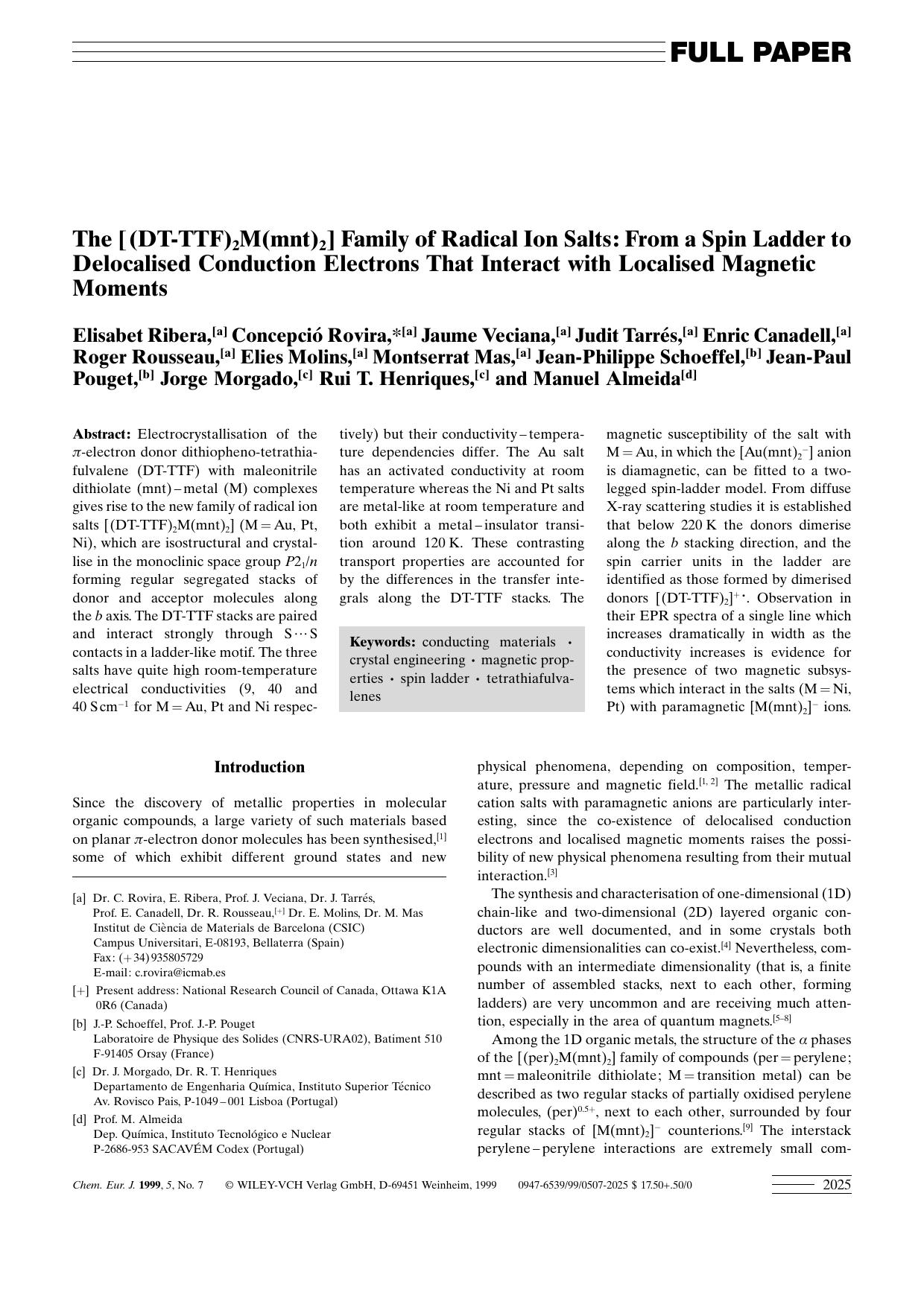 The [(DT-TTF)2M(mnt)2] Family of Radical Ion Salts: From a Spin Ladder to Delocalised Conduction Electrons That Interact with Localised Magnetic Moments by Unknown