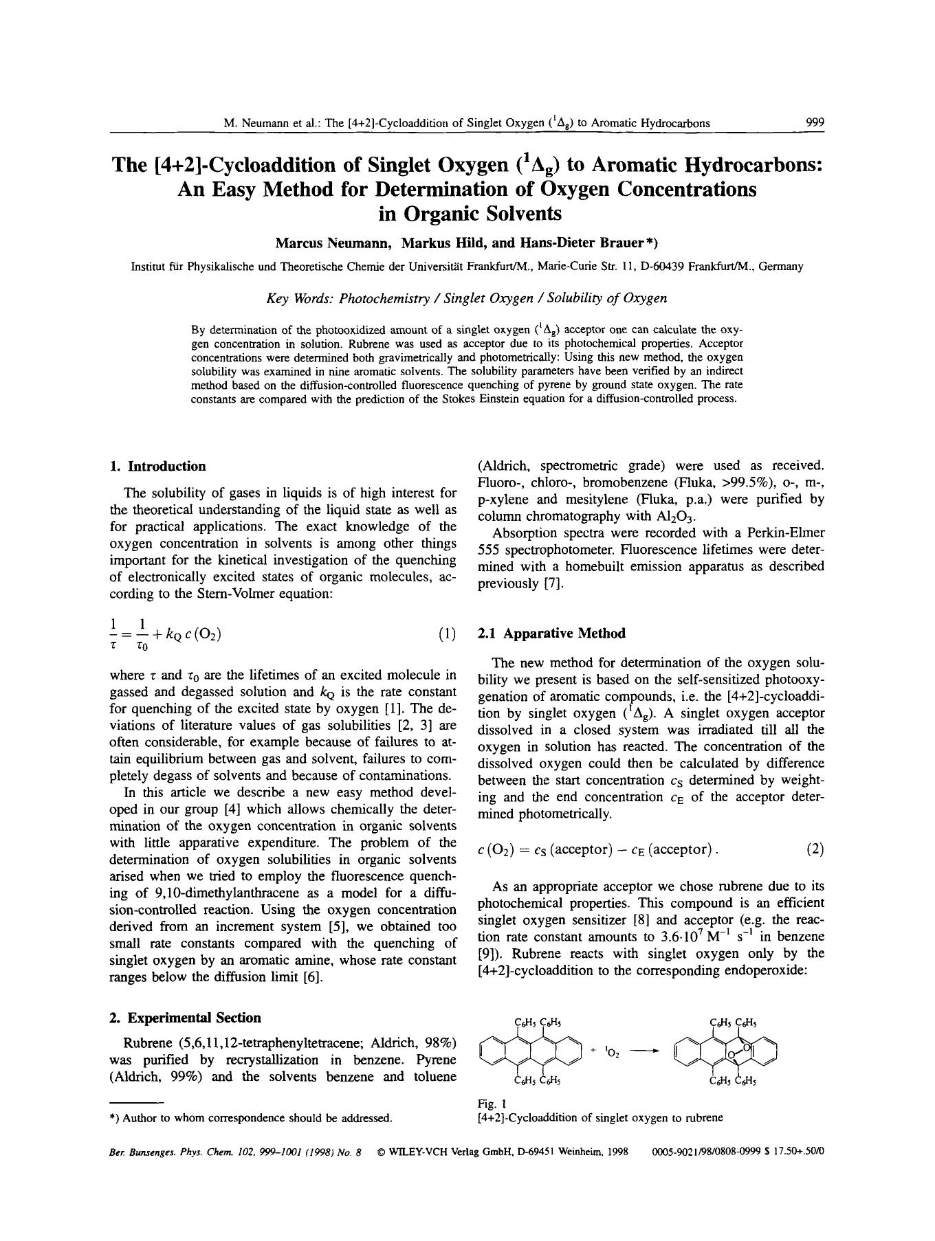 The [4+2]-cycloaddition of singlet oxygen (1[Delta]g) to aromatic hydrocarbons: An Easy Method for Determination of Oxygen Concentrations in Organic Solvents by Unknown