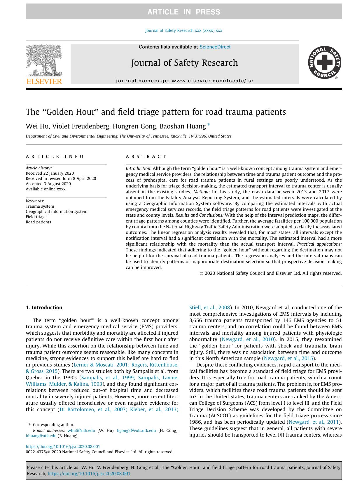 The Ã¢â¬ÅGolden HourÃ¢â¬â¢ and field triage pattern for road trauma patients by Wei Hu & Violet Freudenberg & Hongren Gong & Baoshan Huang