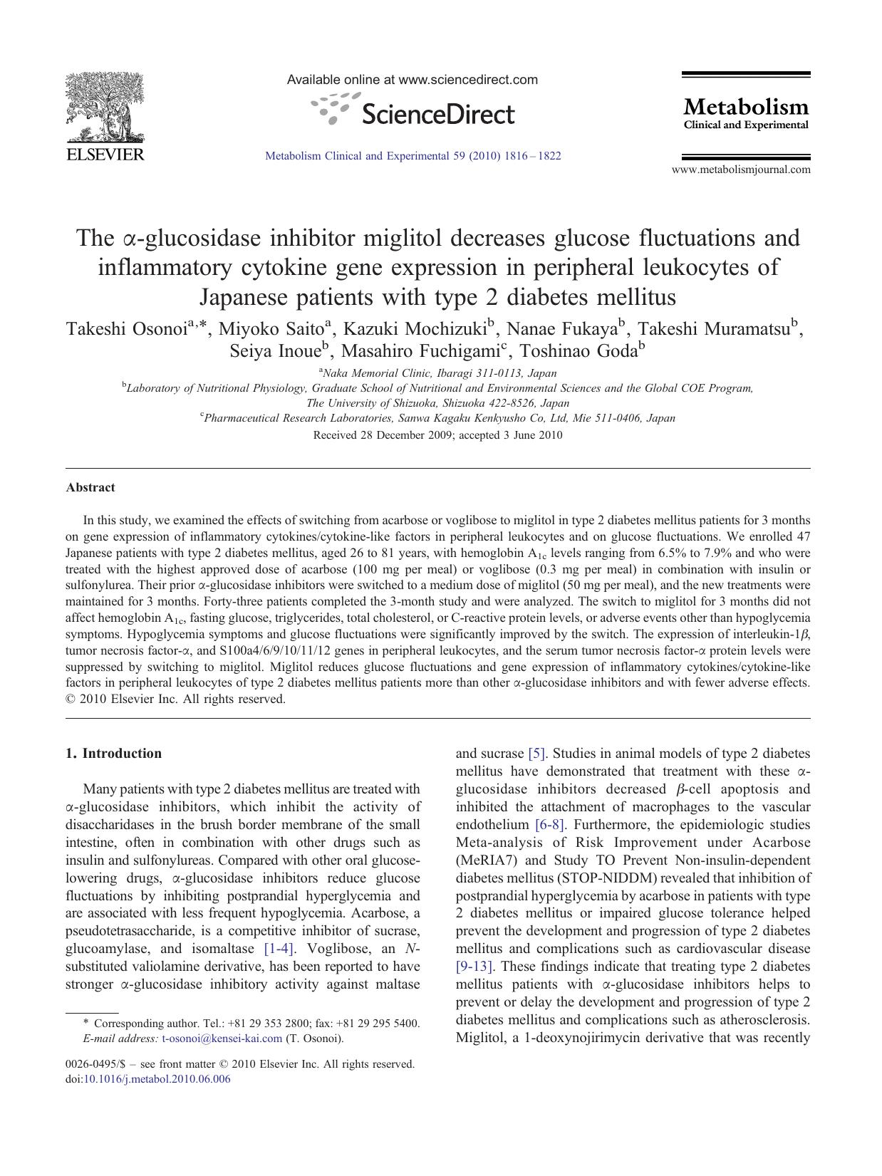 The Î±-glucosidase inhibitor miglitol decreases glucose fluctuations and inflammatory cytokine gene expression in peripheral leukocytes of Japanese patients with type 2 diabetes mellitus by Takeshi Osonoi